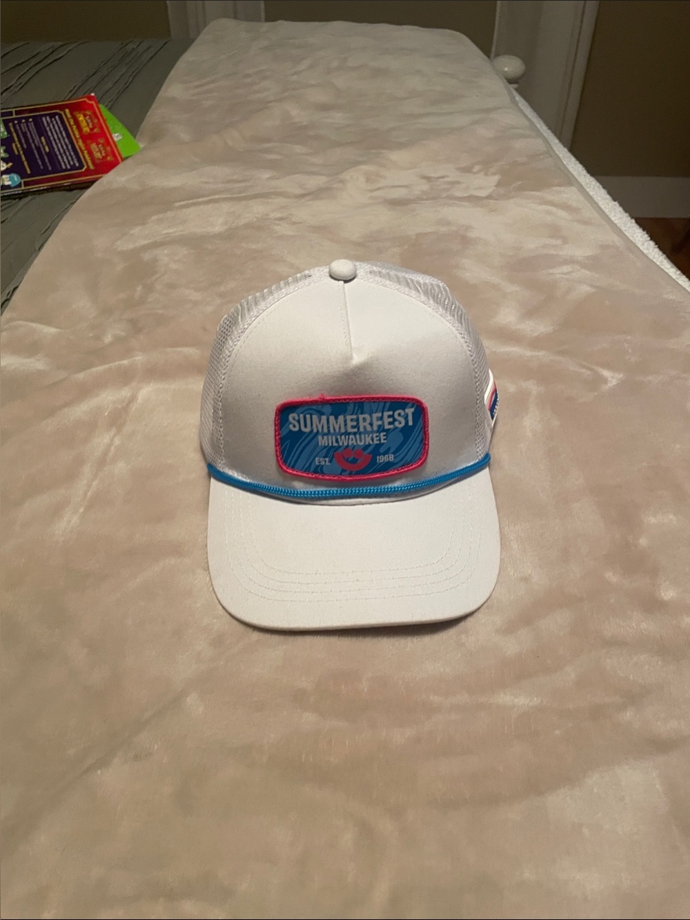 Milwaukee White Trucker Hat with Blue and Pink Trim